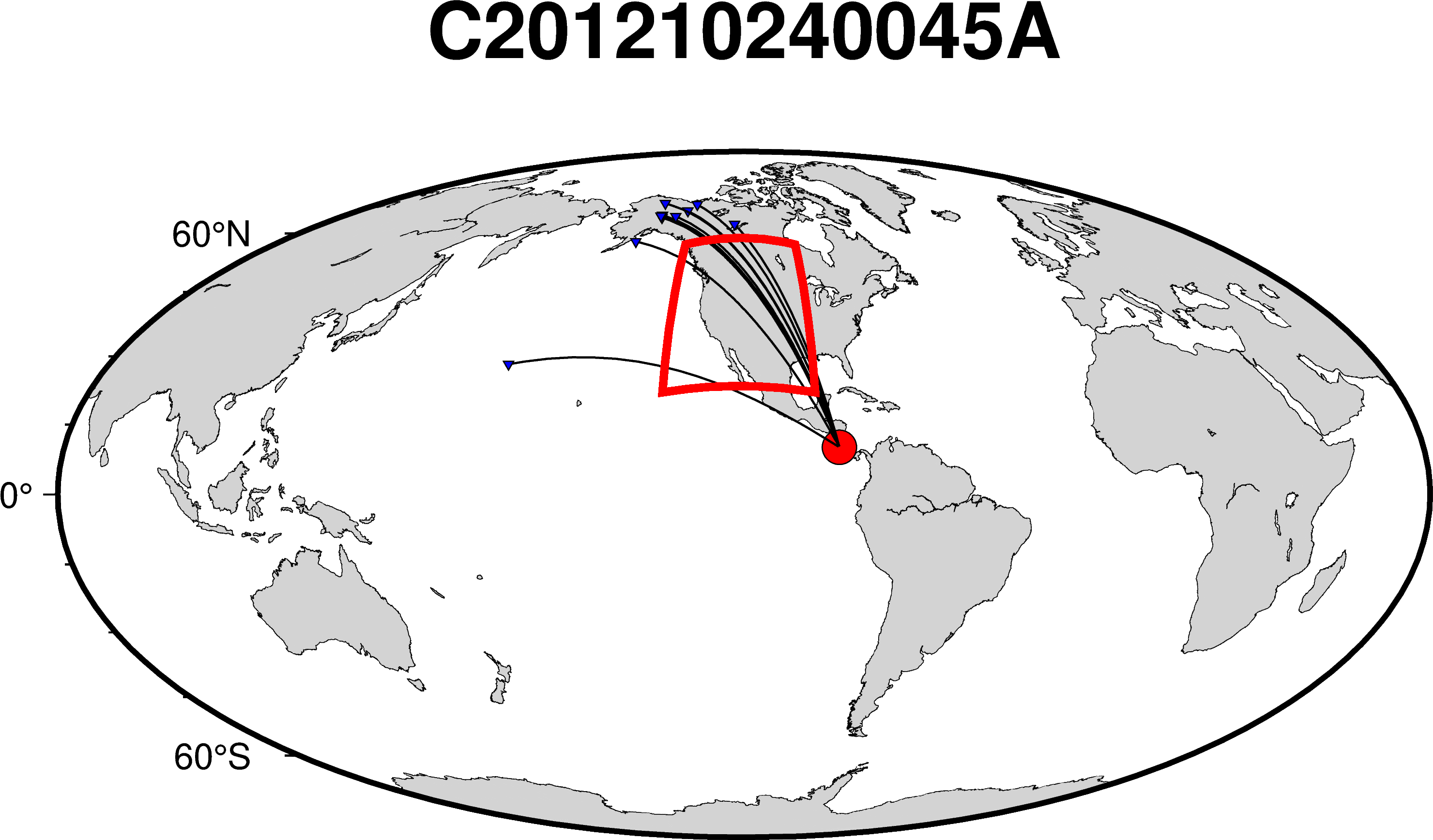 Great circle paths for event C201210240045A crossing the region of interest